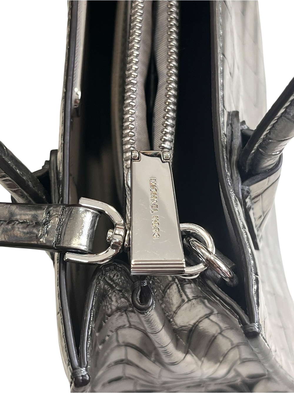 Michael Kors Mercer Gunmetal Metallic Croc Embossed Leather Crossbody Bag NWOT - Picture 11 of 14